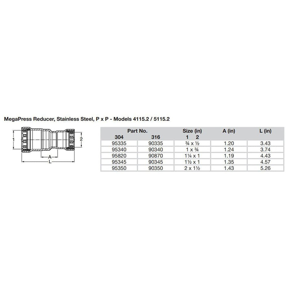 Viega MegaPress 1 - 1/2" x 1" Stainless Steel 304 Reducer - Double Press Connection - Smart Connect Technology - Get Tight Gear