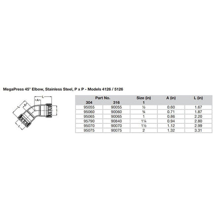 Viega MegaPress 1" 45 Stainless Steel 304 Elbow - Double Press Connection - Smart Connect Technology - Get Tight Gear