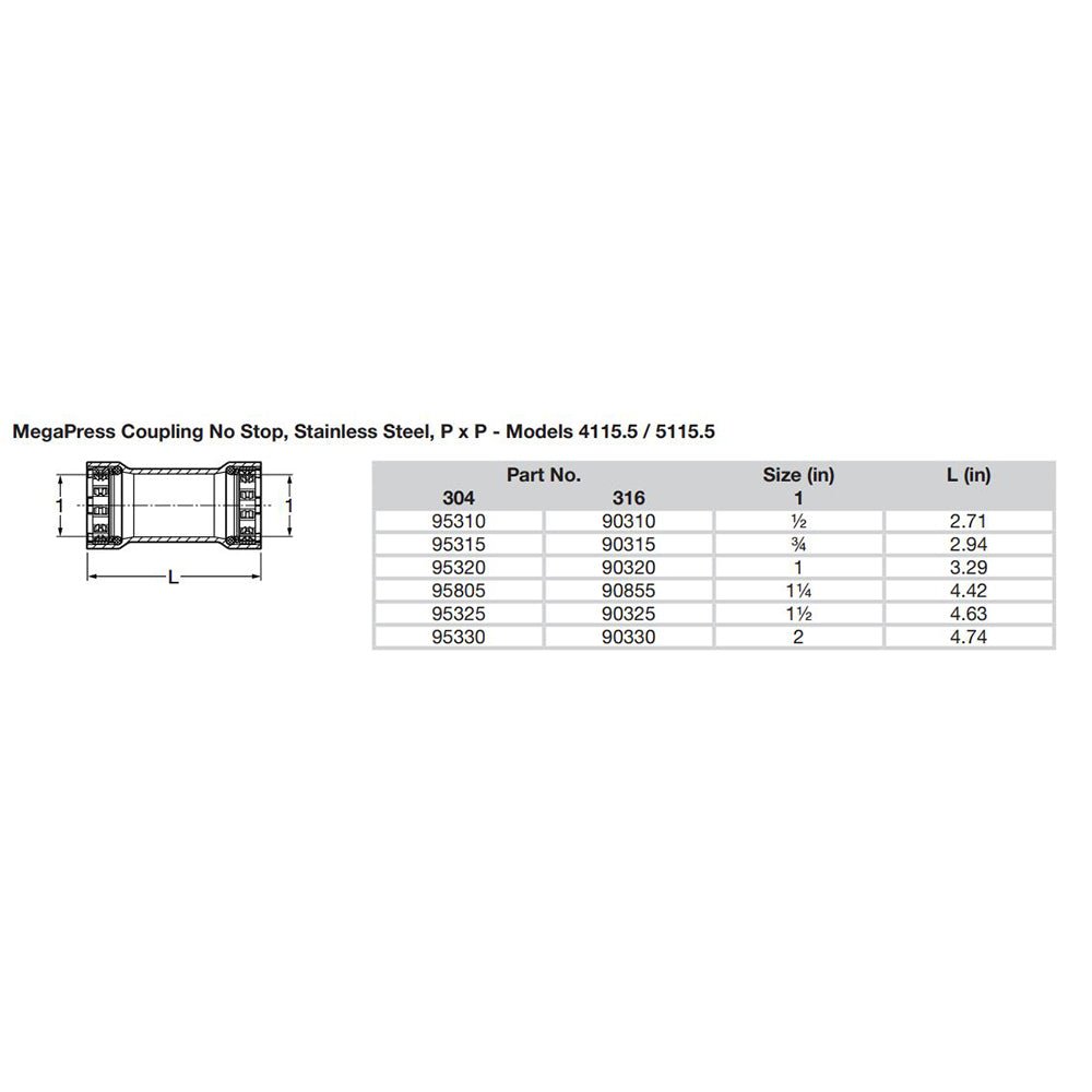 Viega MegaPress 1" Stainless Steel 304 Coupling w/o Stop - Double Press Connection - Smart Connect Technology - Get Tight Gear