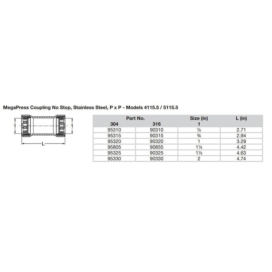Viega MegaPress 1" Stainless Steel 304 Coupling w/o Stop - Double Press Connection - Smart Connect Technology - Get Tight Gear