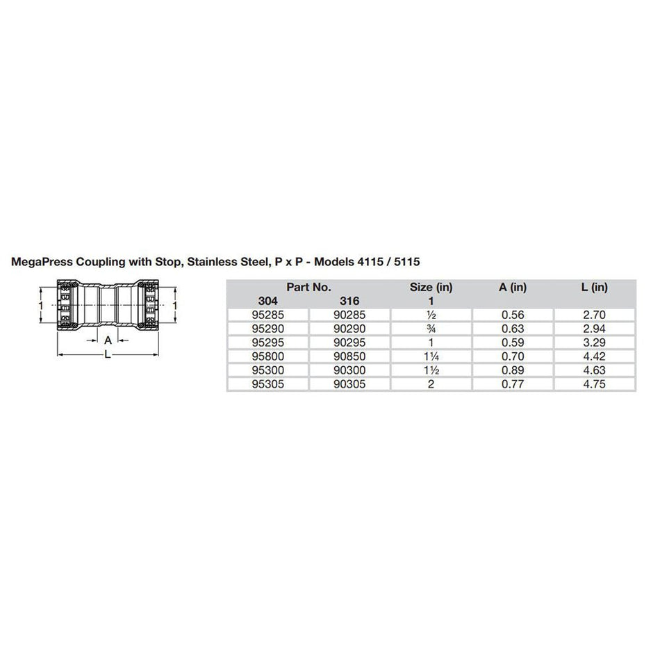 Viega MegaPress 1" Stainless Steel 304 Coupling w/Stop - Double Press Connection - Smart Connect Technology - Get Tight Gear