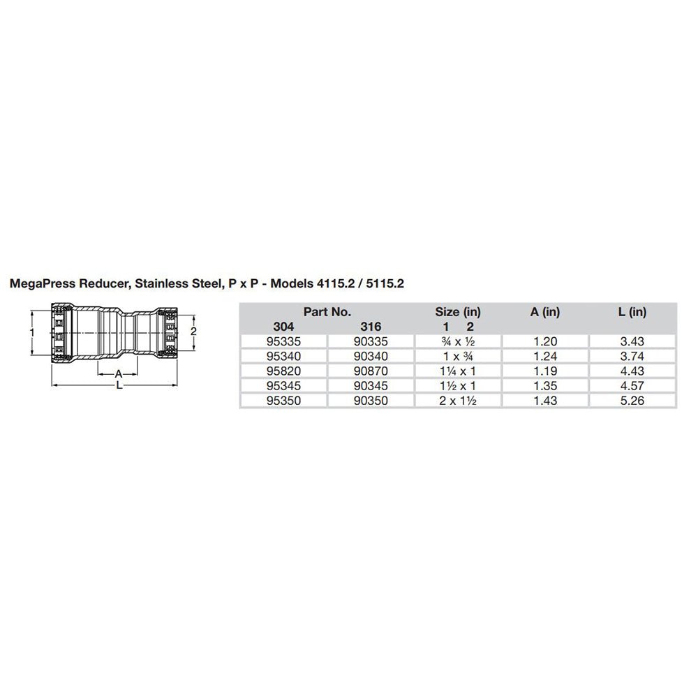 Viega MegaPress 1" x 3/4" Stainless Steel 304 Reducer - Double Press Connection - Smart Connect Technology - Get Tight Gear