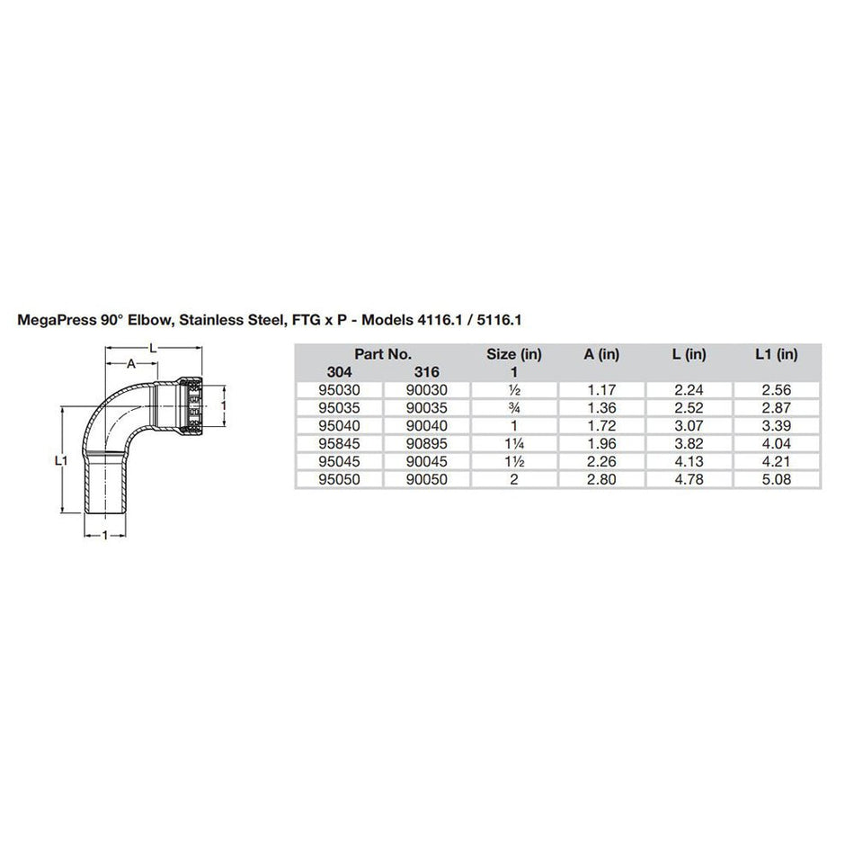 Viega MegaPress 1/2" 90 Stainless 304 Elbow - Street/Press Connection - Smart Connect Technology - Get Tight Gear