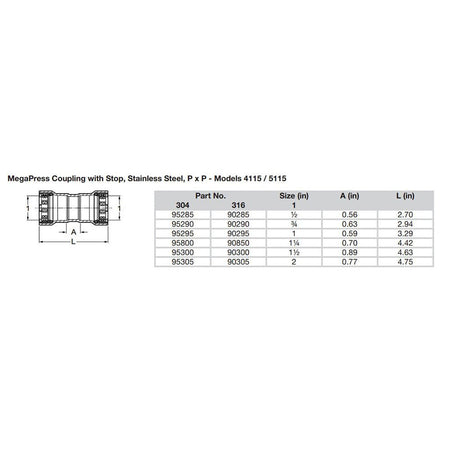 Viega MegaPress 1/2" Stainless Steel 304 Coupling w/Stop - Double Press Connection - Smart Connect Technology - Get Tight Gear