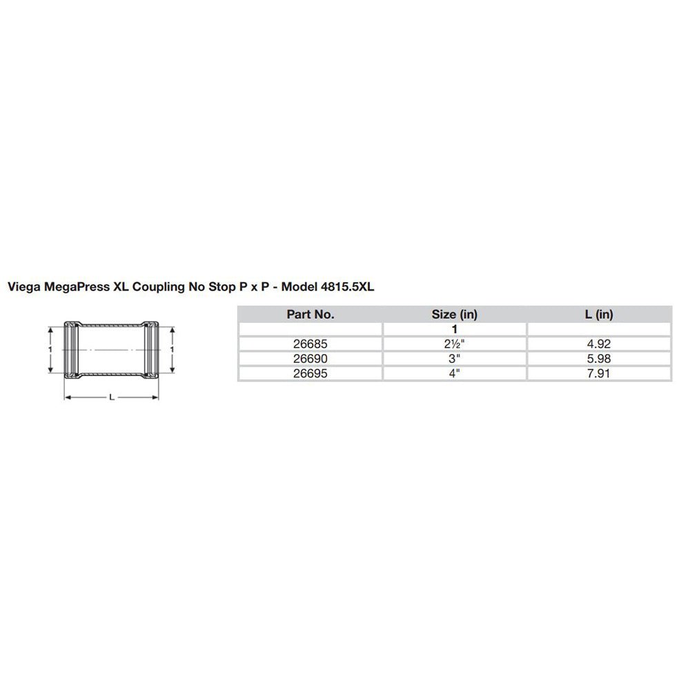 Viega MegaPress 2 - 1/2" Carbon Steel Coupling w/o Stop w/FMK - Double Press Connection - Smart Connect Technology - Get Tight Gear