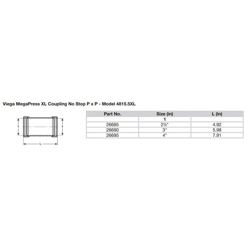 Viega MegaPress 2 - 1/2" Carbon Steel Coupling w/o Stop w/FMK - Double Press Connection - Smart Connect Technology - Get Tight Gear