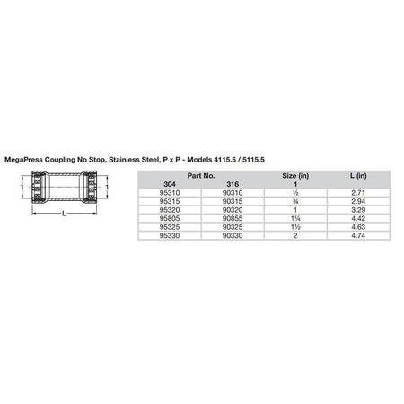 Viega MegaPress 2" Stainless Steel 304 Coupling w/o Stop - Double Press Connection - Smart Connect Technology - Get Tight Gear