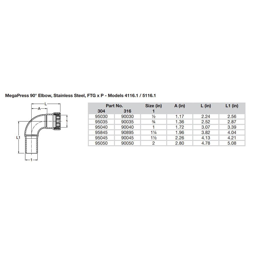 Viega MegaPress 3/4" 90 Stainless Steel 304 Elbow Street - Press Connection - Smart Connect Technology - Get Tight Gear