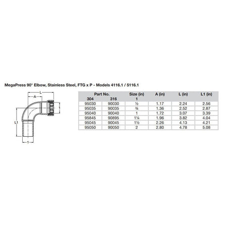 Viega MegaPress 3/4" 90 Stainless Steel 304 Elbow Street - Press Connection - Smart Connect Technology - Get Tight Gear