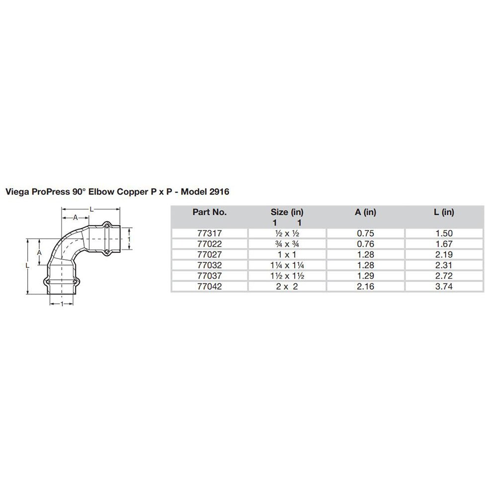 Viega ProPress 1/2" - 90 Copper Elbow - Double Press Connection - Smart Connect Technology - Get Tight Gear