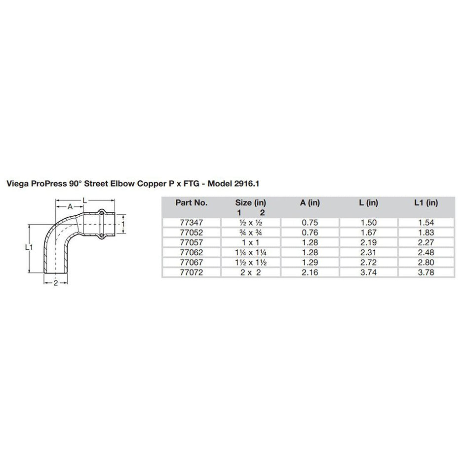 Viega Propress 1/2" - 90 Copper Elbow - Street/Press Connection - Smart Connect Technology - Get Tight Gear