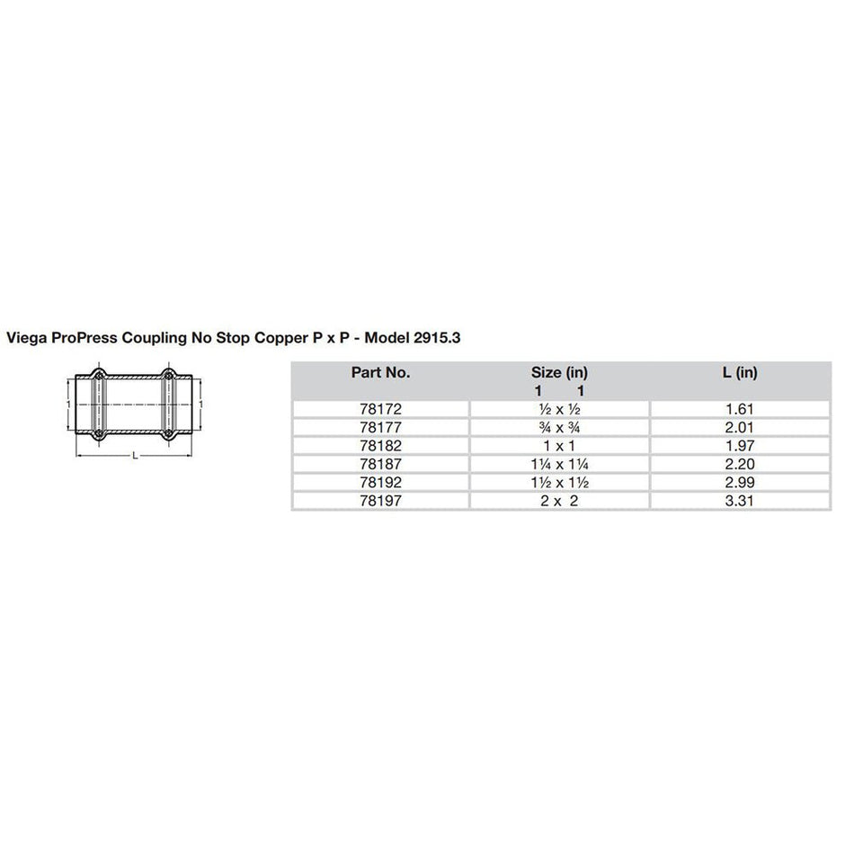 Viega ProPress 1/2" Copper Coupling w/o Stop - Double Press Connection - Smart Connect Technology - Get Tight Gear