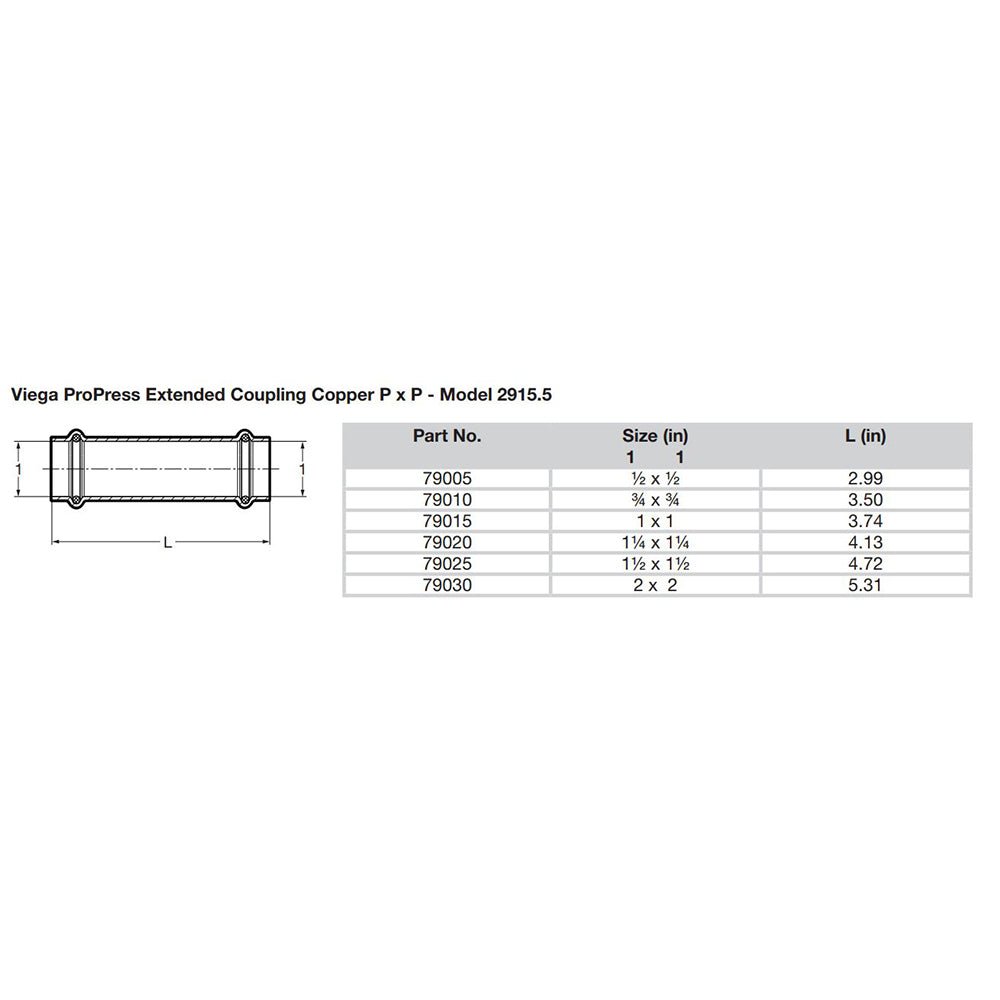 Viega ProPress 1/2" Extended Coupling w/o Stop - Double Press Connection - Smart Connect Technology - Get Tight Gear