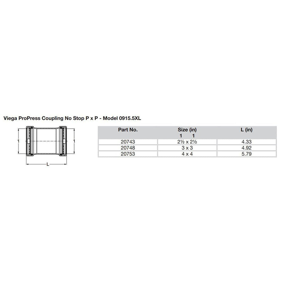 Viega ProPress 2 - 1/2" Copper Coupling w/o Stop - Double Press Connection - Smart Connect Technology - Get Tight Gear