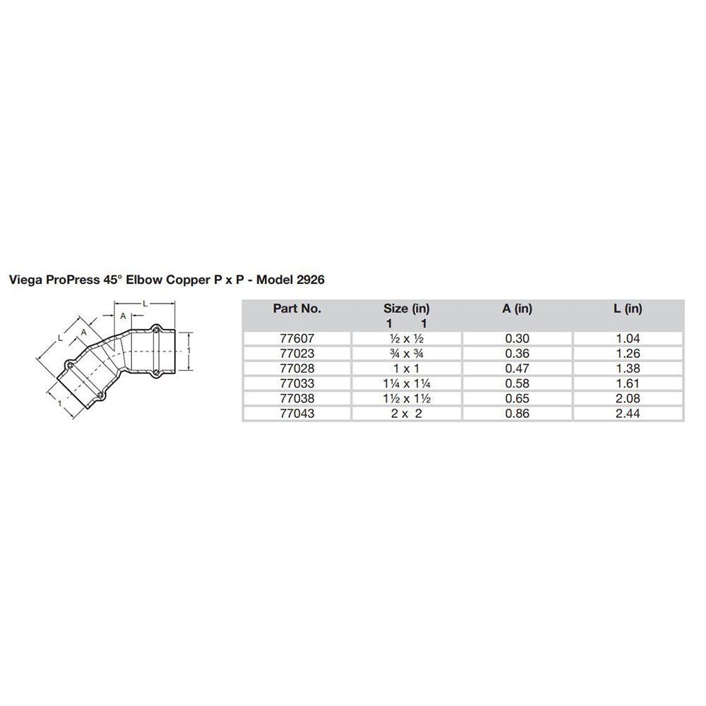 Viega ProPress 2" - 45 Copper Elbow - Double Press Connection - Smart Connect Technology - Get Tight Gear