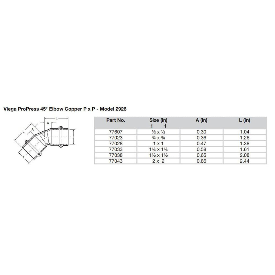 Viega ProPress 2" - 45 Copper Elbow - Double Press Connection - Smart Connect Technology - Get Tight Gear