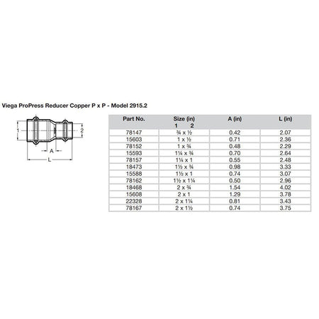 Viega ProPress 2" x 1 - 1/2" Copper Reducer - Double Press Connection - Smart Connect Technology - Get Tight Gear
