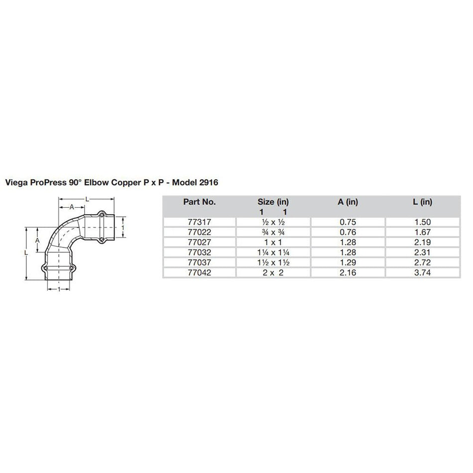 Viego ProPress 3/4" - 90 Copper Elbow - Double Press Connection - Smart Connect Technology - Get Tight Gear