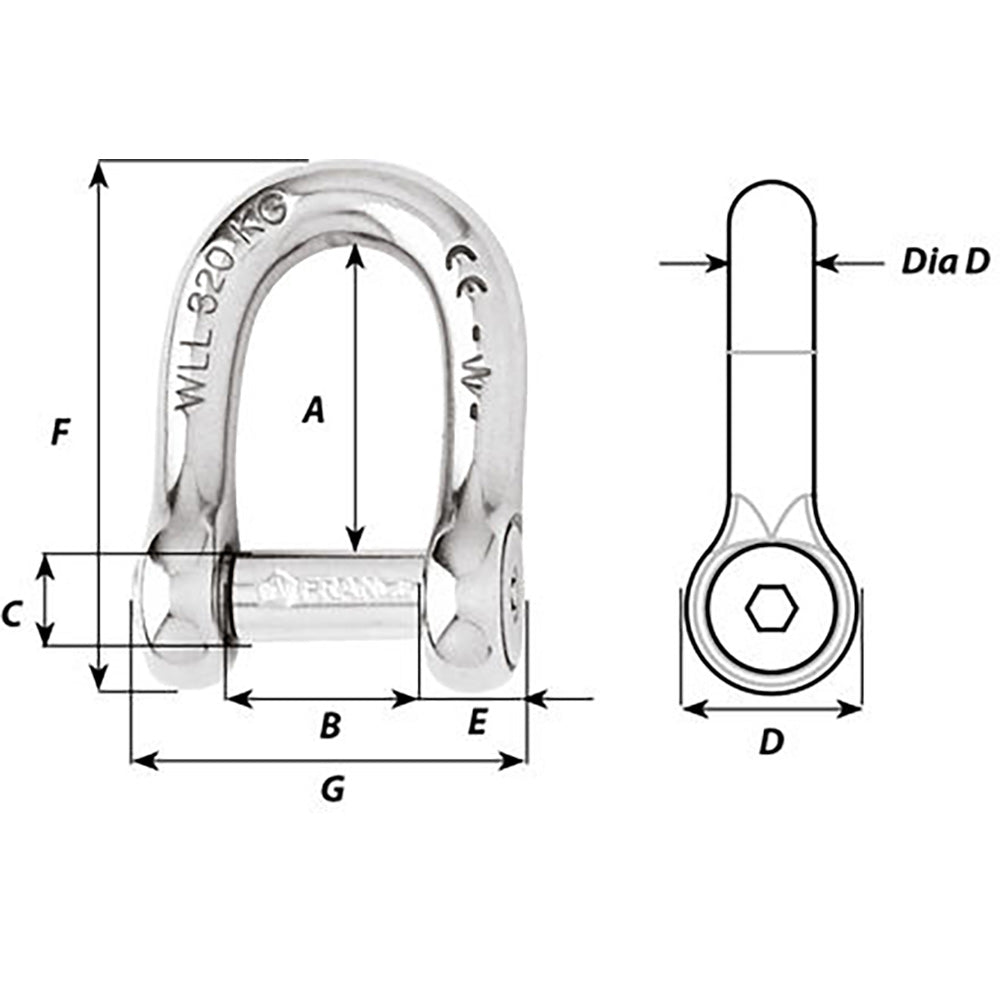 Wichard Self - Locking Allen Head Pin D Shackle - 8mm Diameter - 5/16" - Get Tight Gear