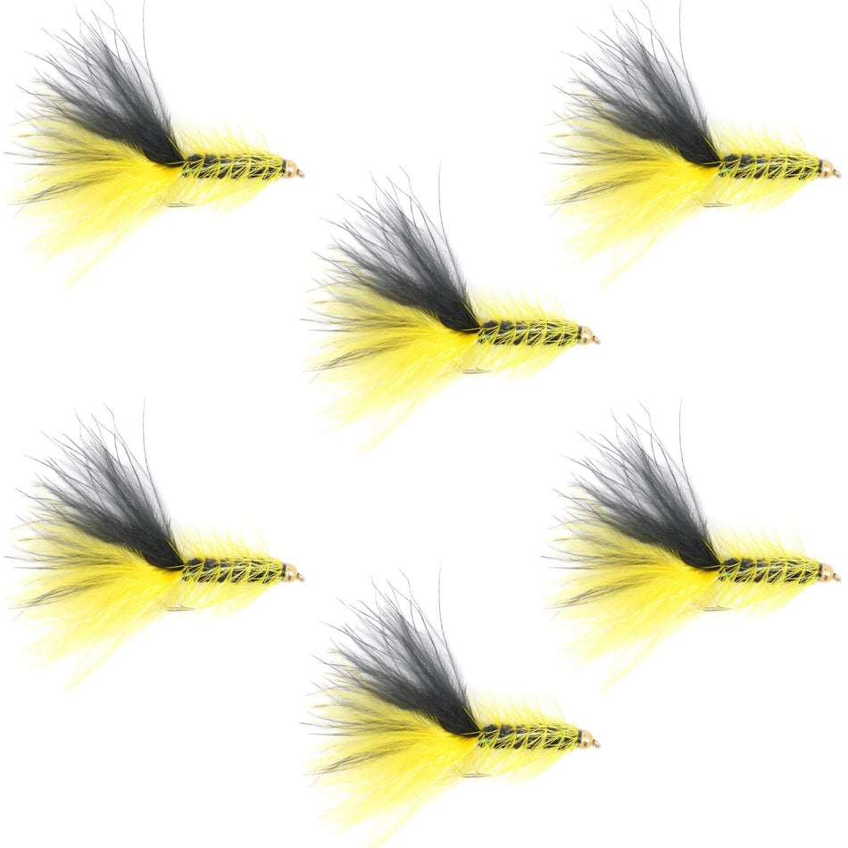 Yellow Black Bead Head Crystal Woolly Bugger Classic Streamer Flies - Set of 6 Trout Fly Fishing Flies - Hook Size 4 - Get Tight Gear