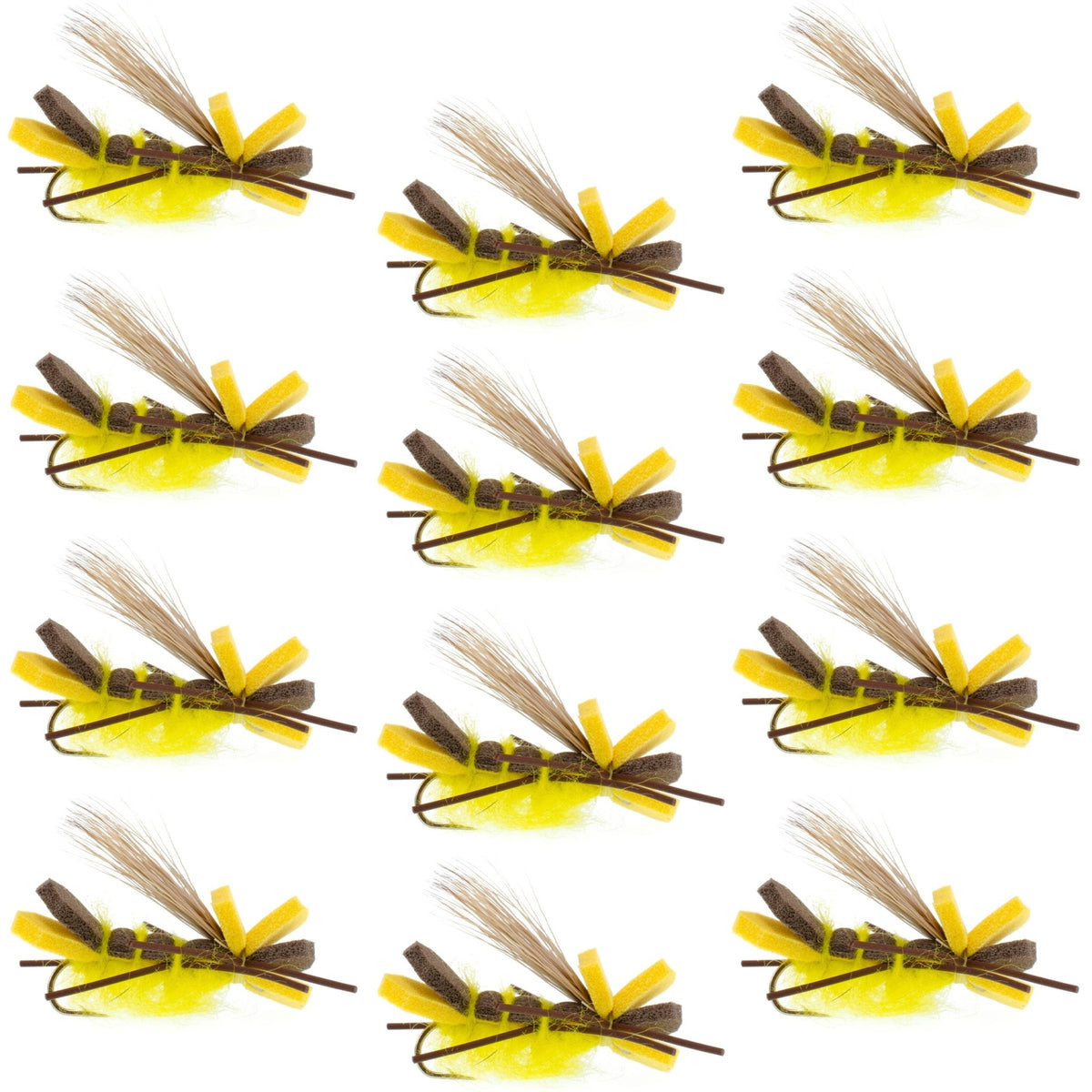 Yellow Godzilla Hopper - Foam Grasshopper or Adult Salmonfly Fly Pattern - 1 Dozen Flies Hook Size 10 - Get Tight Gear