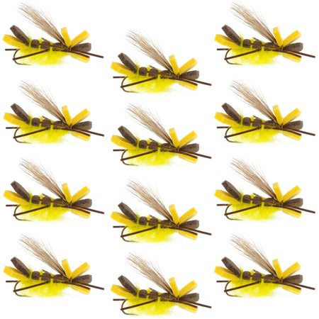Yellow Godzilla Hopper - Foam Grasshopper or Adult Salmonfly Fly Pattern - 1 Dozen Flies Hook Size 10 - Get Tight Gear
