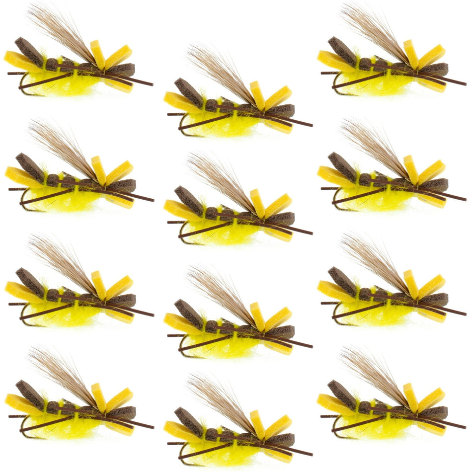 Yellow Godzilla Hopper - Foam Grasshopper or Adult Salmonfly Fly Pattern - 1 Dozen Flies Hook Size 10 - Get Tight Gear