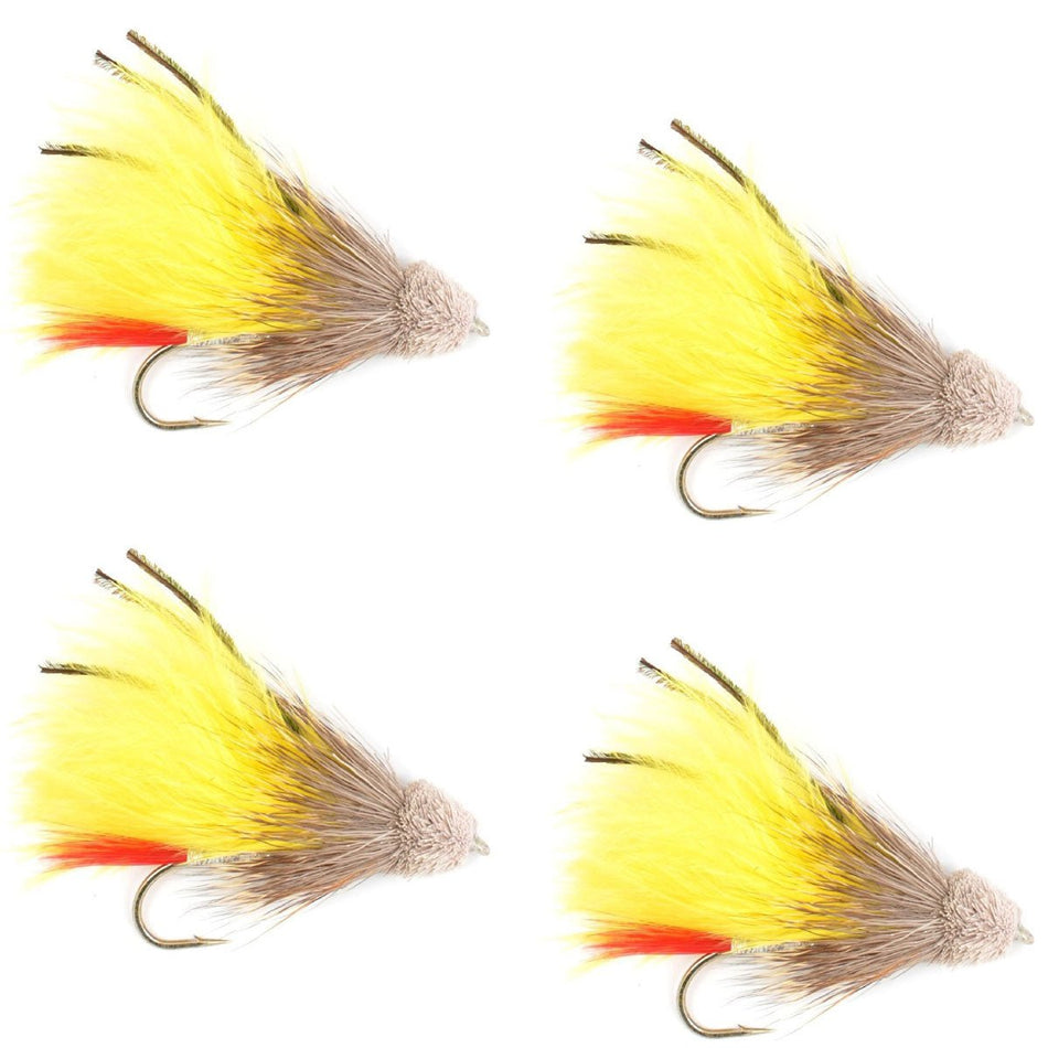 Yellow Marabou Muddler Minnow Streamer Flies - 4 Fly Fishing Flies - Hook Size 8 - Get Tight Gear